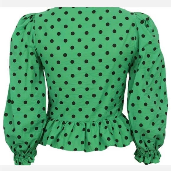 Zara green & black polka dot ballon sleeves ruffle trim blouse Sz L - Picture 5 of 5